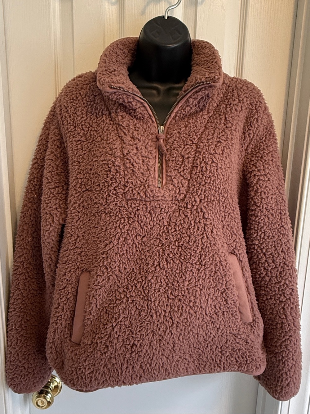 Altar’d Stare Half-Zip Sherpa Pullover Sweater in Dusty Roae